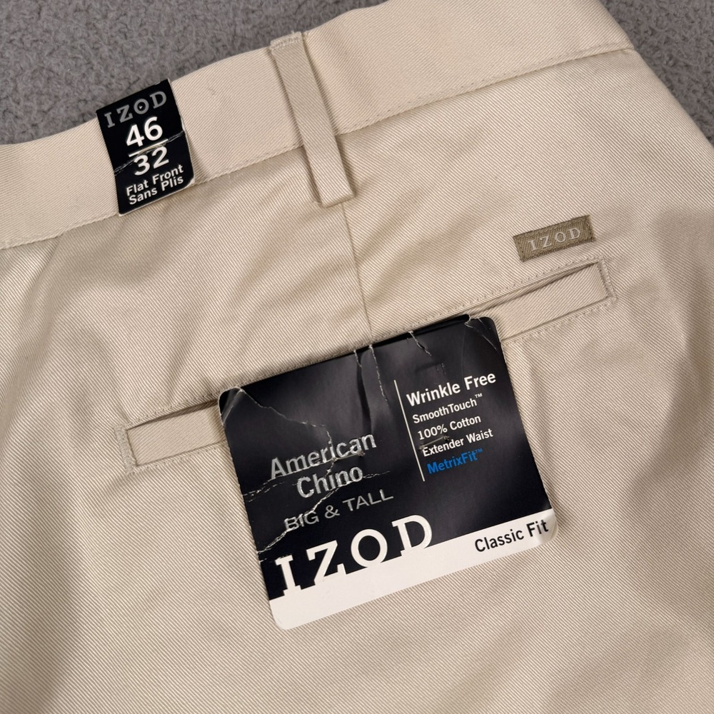 IZOD American Chino Pants Mens 46x32 Beige Classic Fit Big Tall Wrinkle Free NWT
